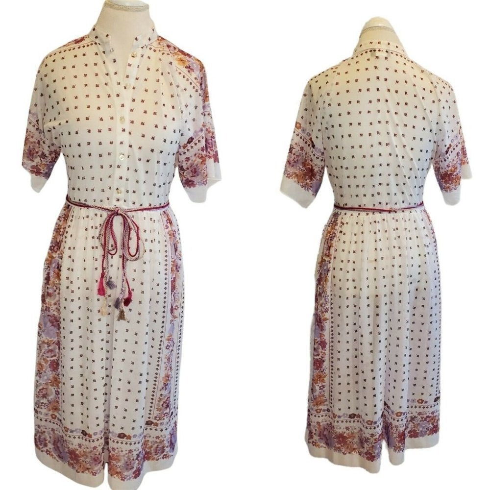 Vintage 70s Womens Sheer Floral Midi Dress Belted Sz Small Cottage Core‎ White